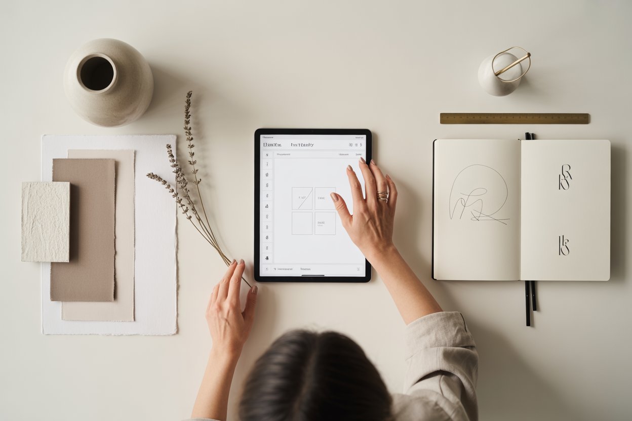 The intentional and artistic process of our luxury brand strategists, blending tactile elements with digital design.