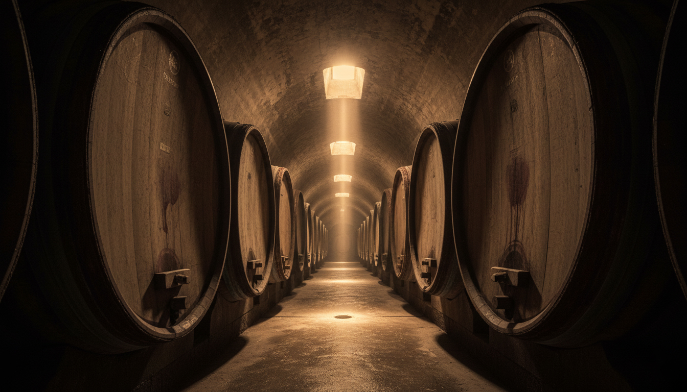 The Cellar: A long, atmospheric wine cellar with oak barrels aging in stillness.