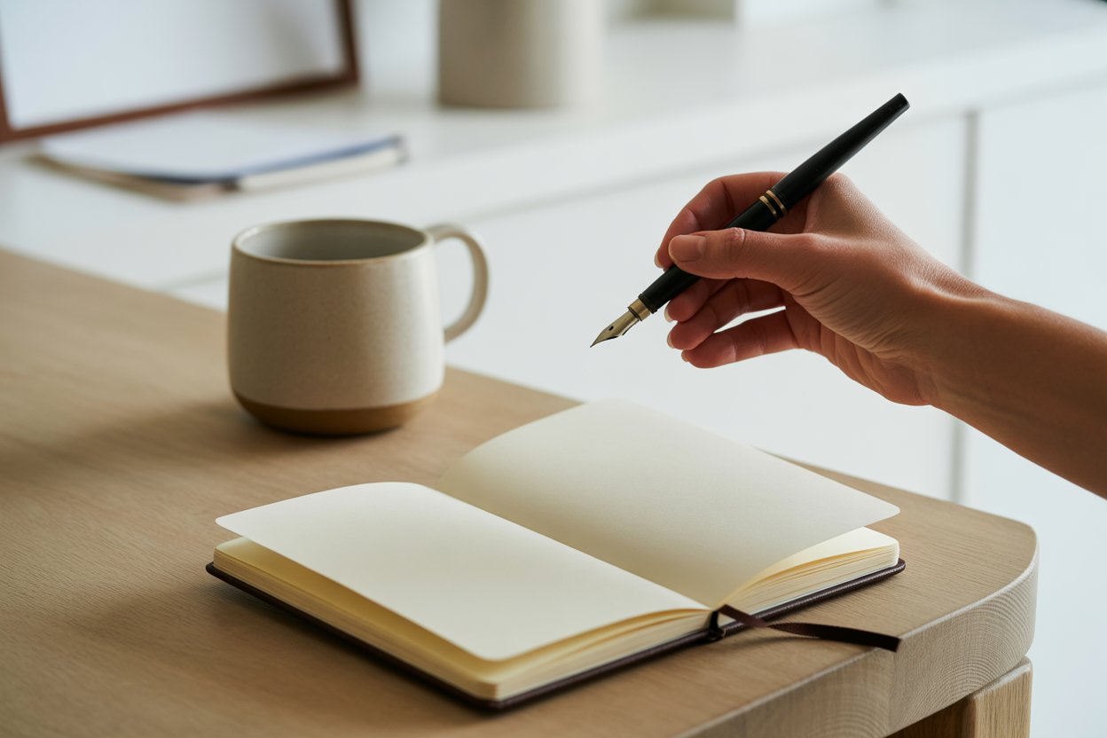 A hand holding a fountain pen, poised to write in a blank journal, symbolizing the beginning of a creative brand story with Yasha Creatives.