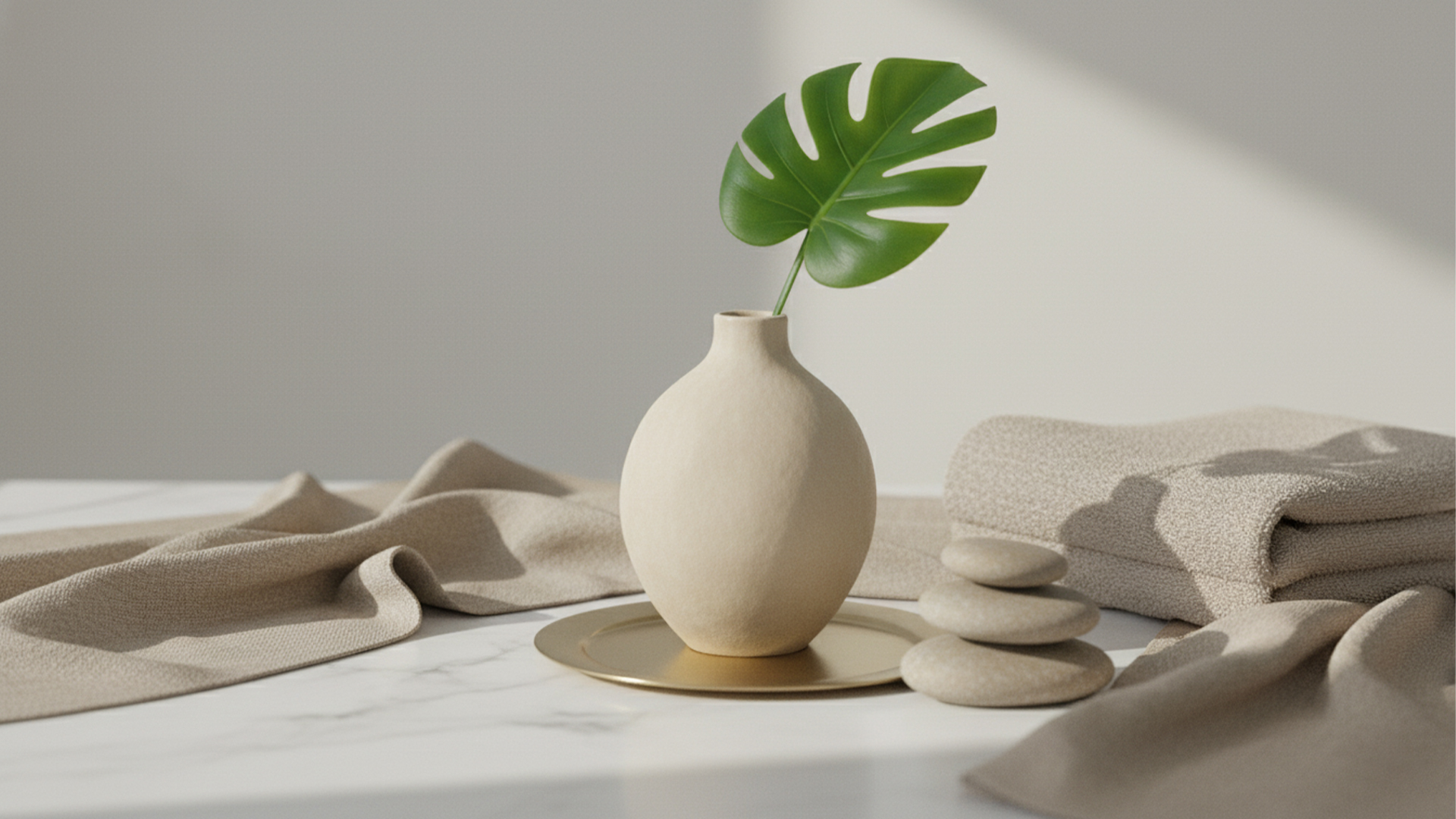 Artful arrangement of a ceramic vase with a monstera leaf, soft towels, and stacked river stones.