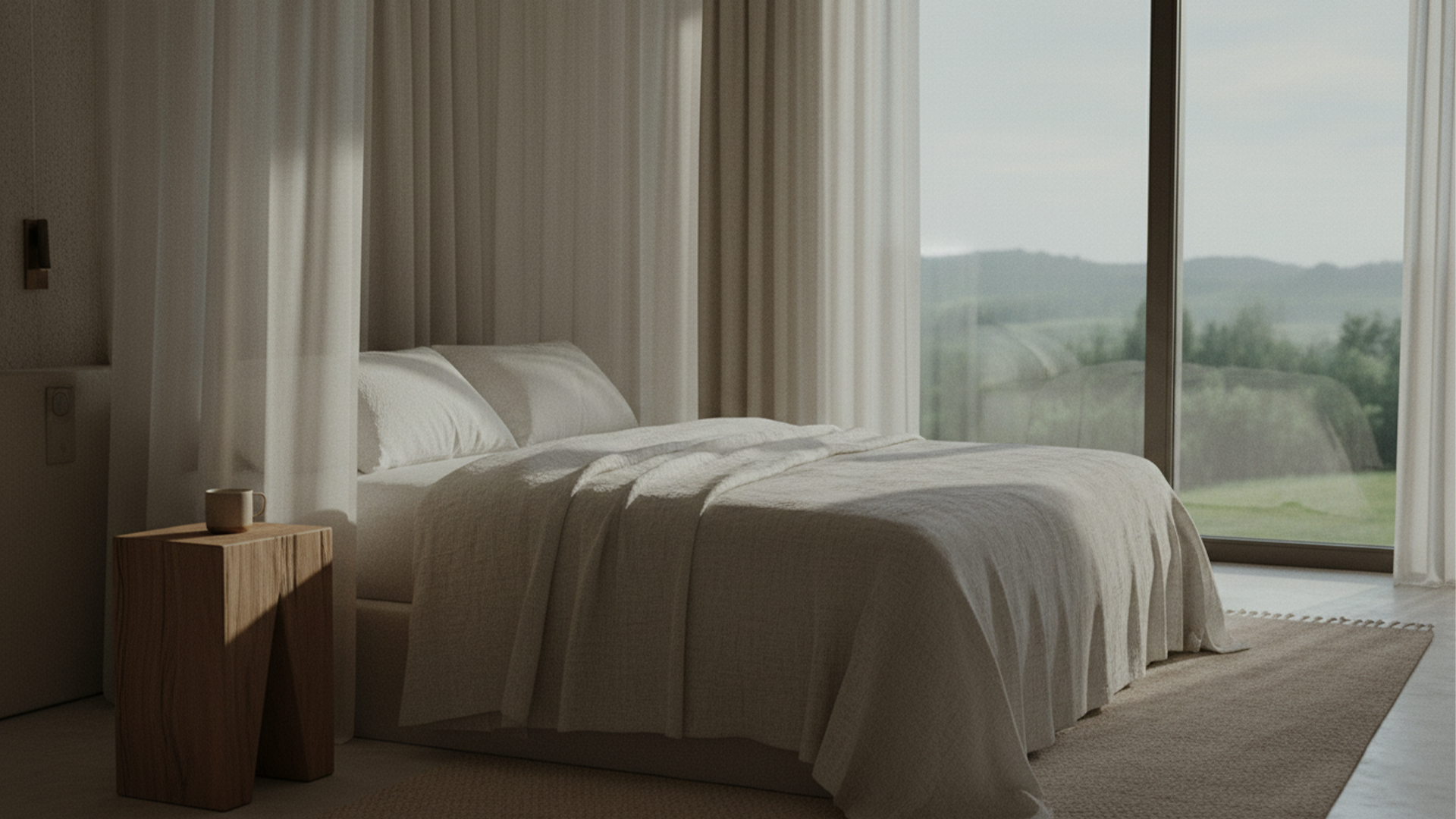 Minimalist hotel bedroom with natural light falling on a linen bed and a wooden side table.