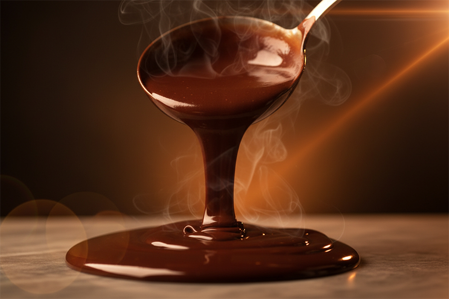 Rich molten chocolate being poured and tempered, showcasing the silky, sensory craft.