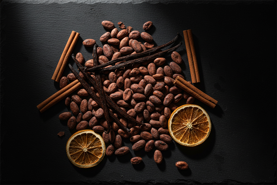 A dark, moody flat lay of cacao beans, vanilla pods, and cinnamon sticks.