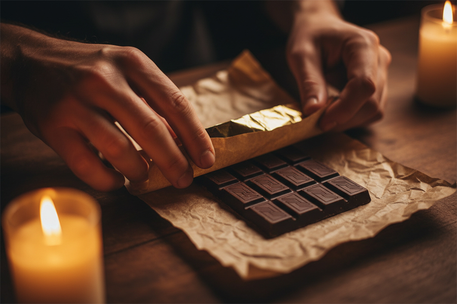 Artisan hands wrapping a chocolate bar in parchment under warm candlelight.
