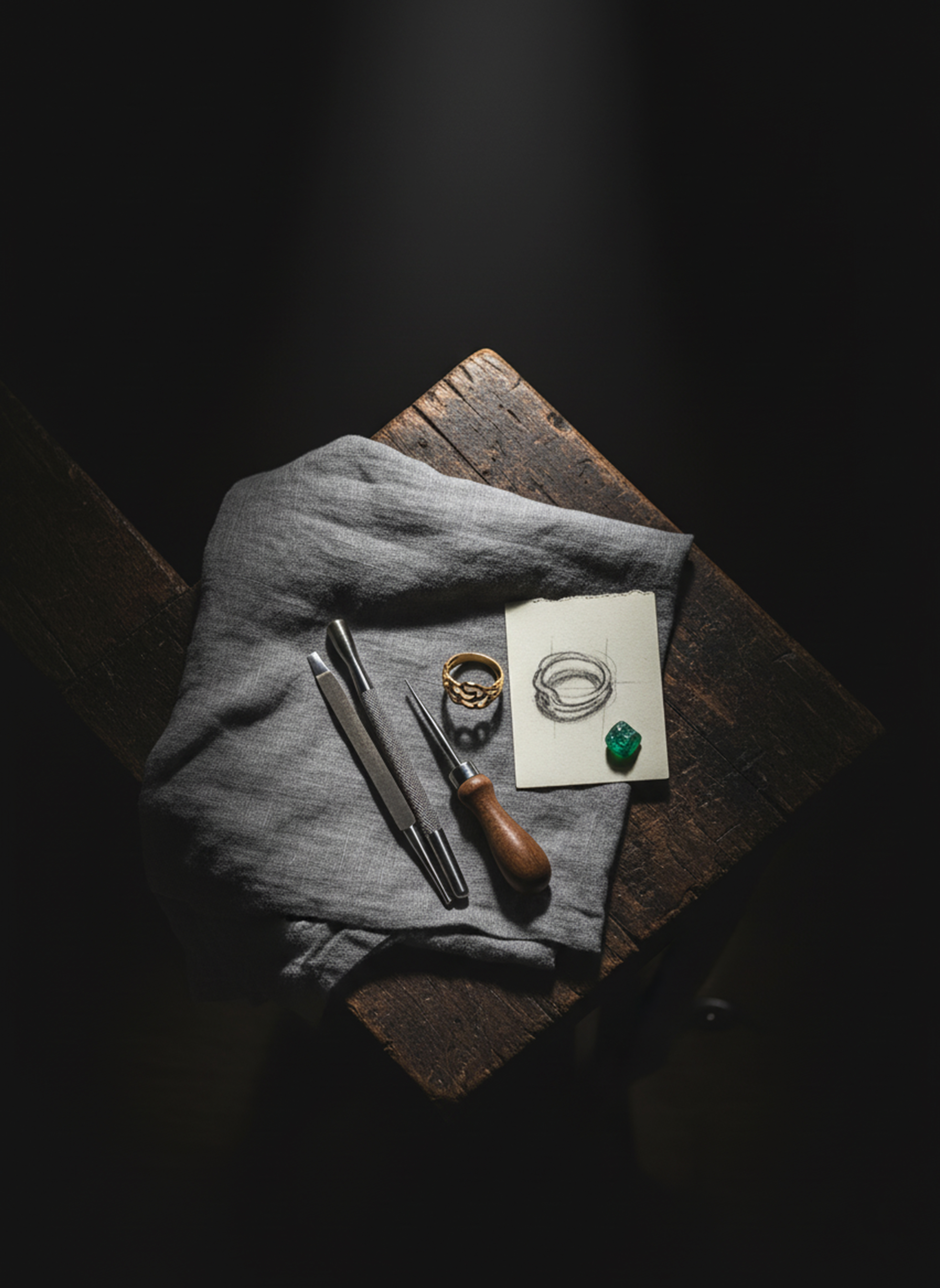 An artisan's dark wood workbench with jewelry tools, a design sketch, and a raw emerald, symbolizing the sacred craft of Atelier Verde.