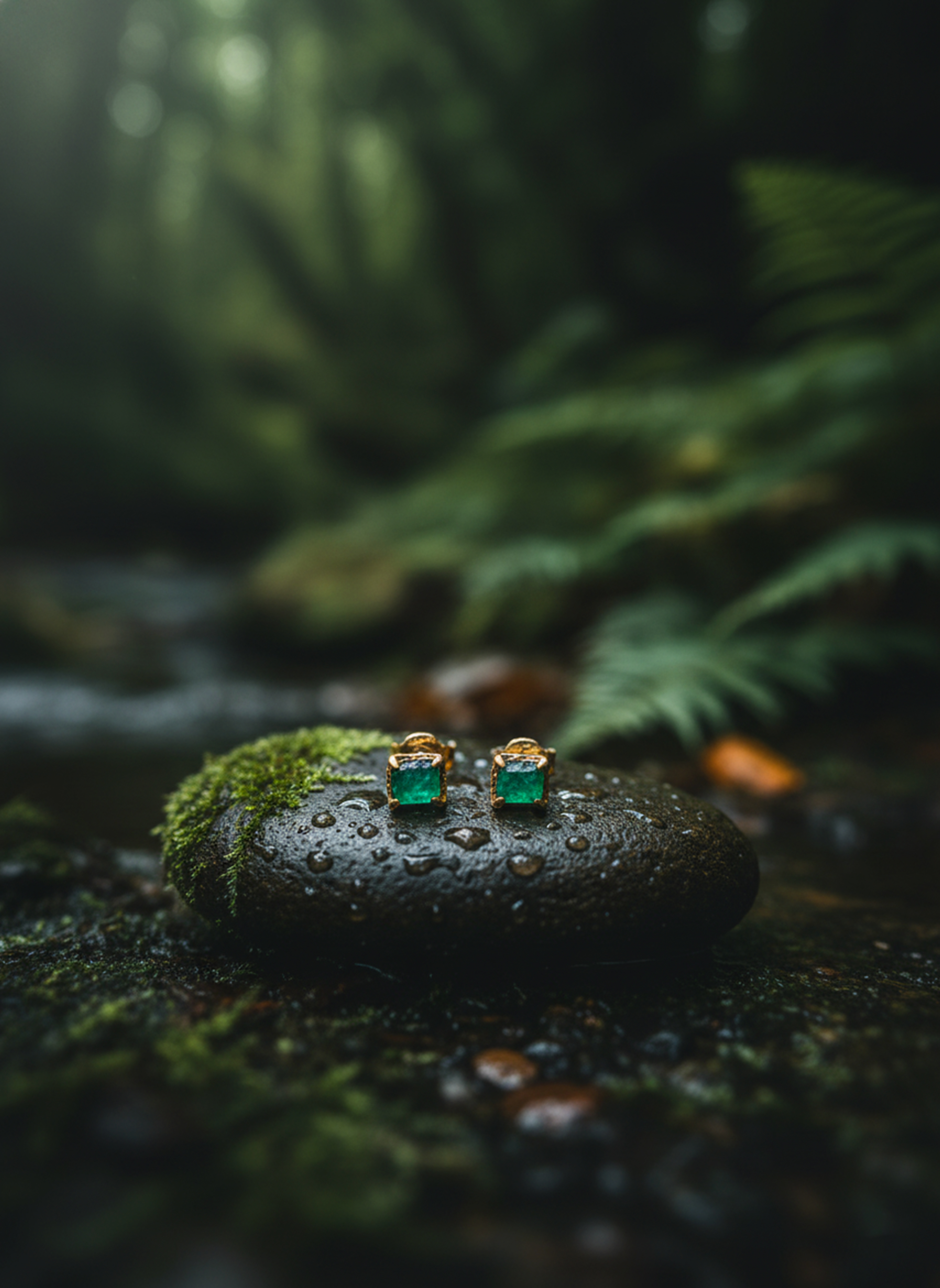 Delicate emerald earrings resting on a damp, moss-covered river stone in a lush forest setting.